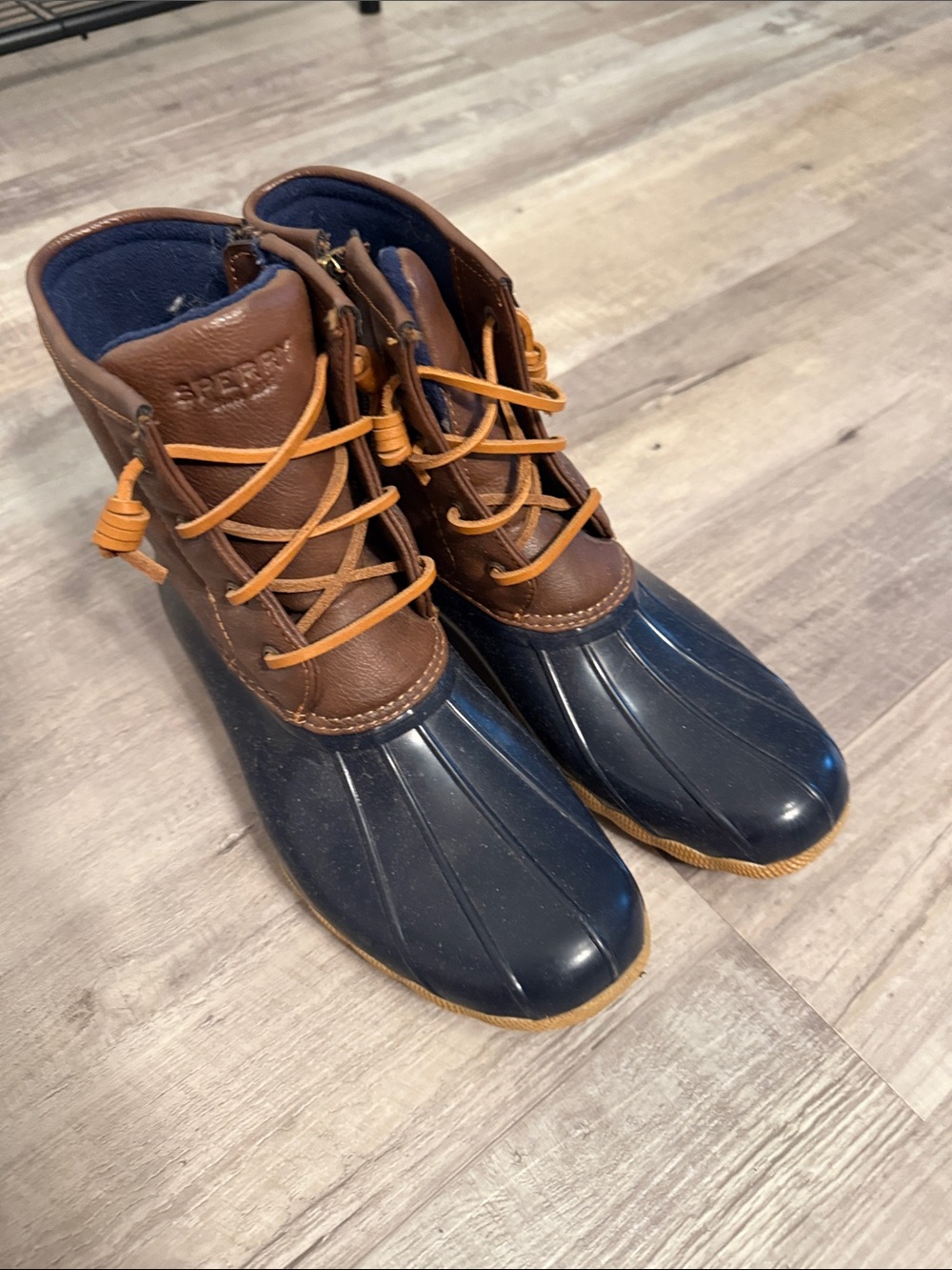 Sperry Navy & Brown Waterproof Duck Boots with Tan Laces